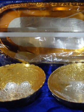 Indian Art Villa German Silver Plated Gold Polished 2 Bowl with 2 Spoon & Tray